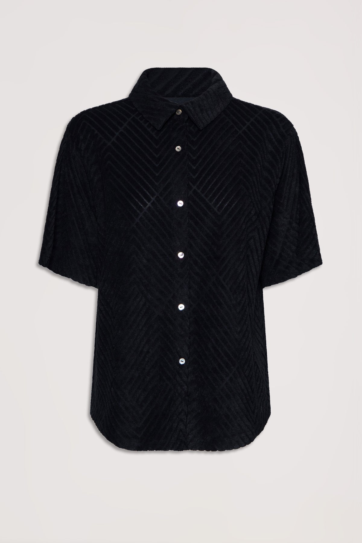 Black textured short-sleeve shirt with a subtle chevron pattern and classic button-down front design