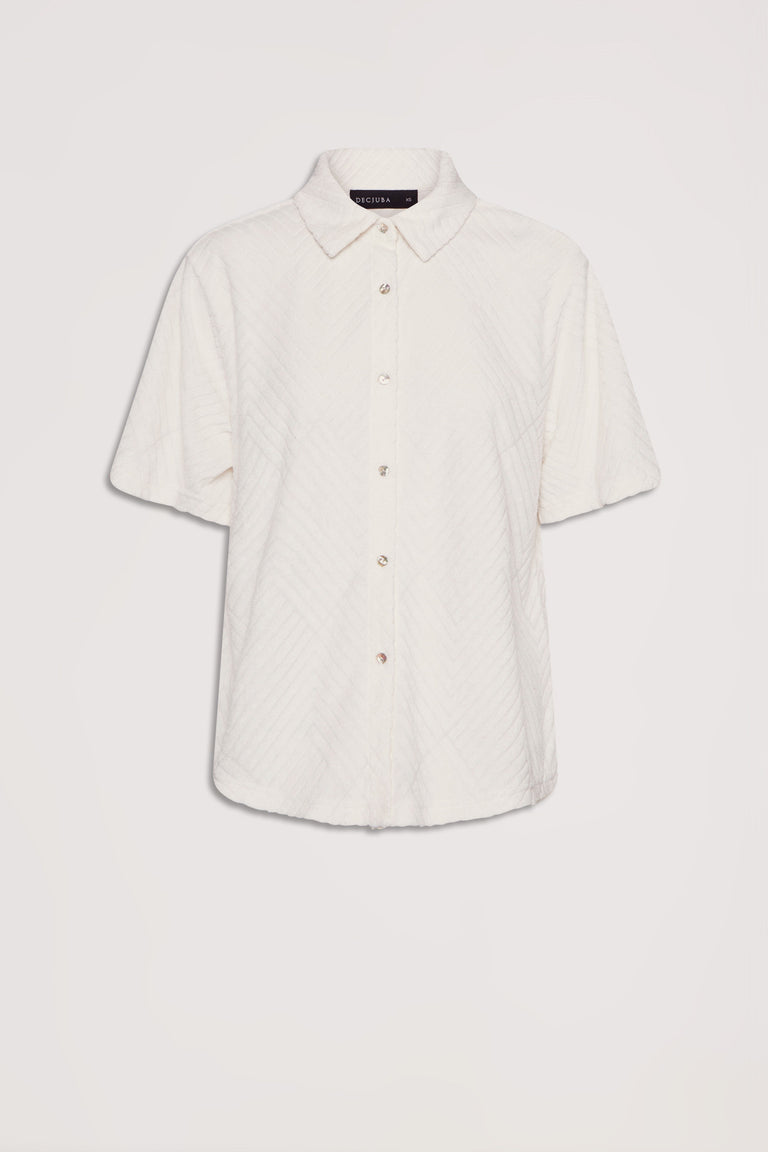 Cream-colored short sleeve shirt with subtle textured pattern and button front, featuring a classic collar design