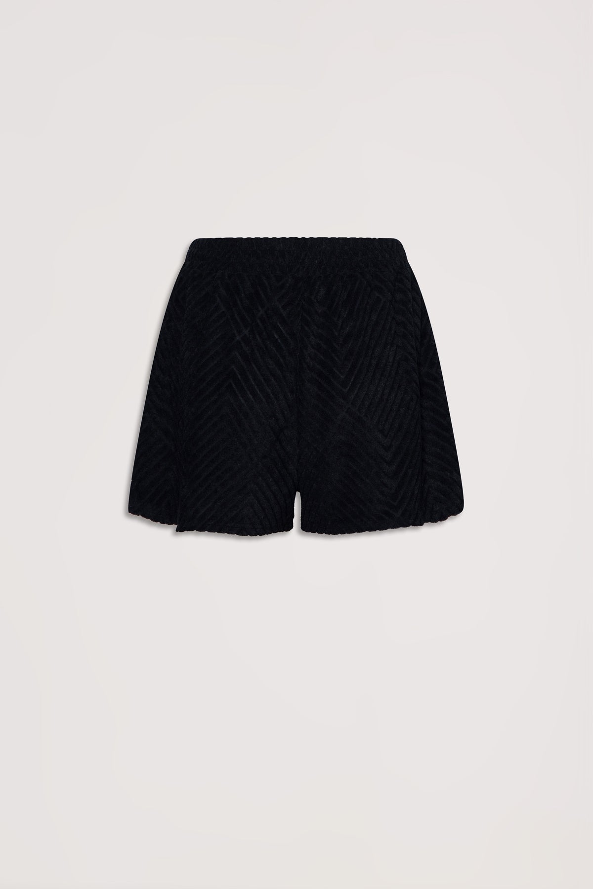 Black textured terry shorts with a relaxed fit and elastic waistband for casual, effortless style