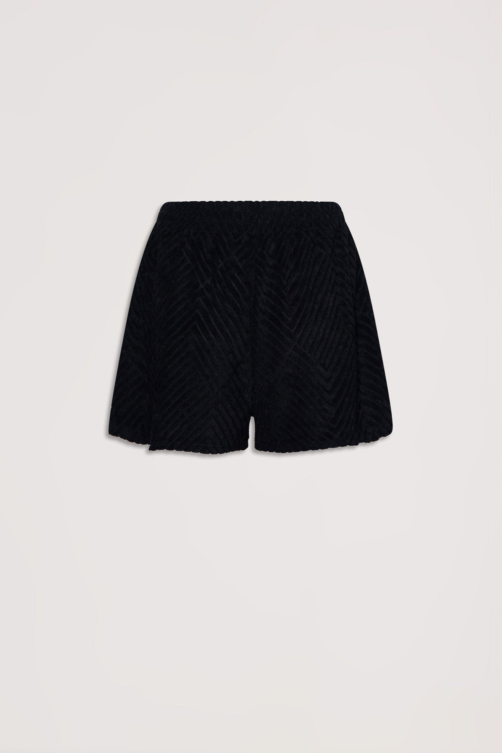 Black textured terry fabric shorts with an elastic waistband for a comfortable, casual fit.