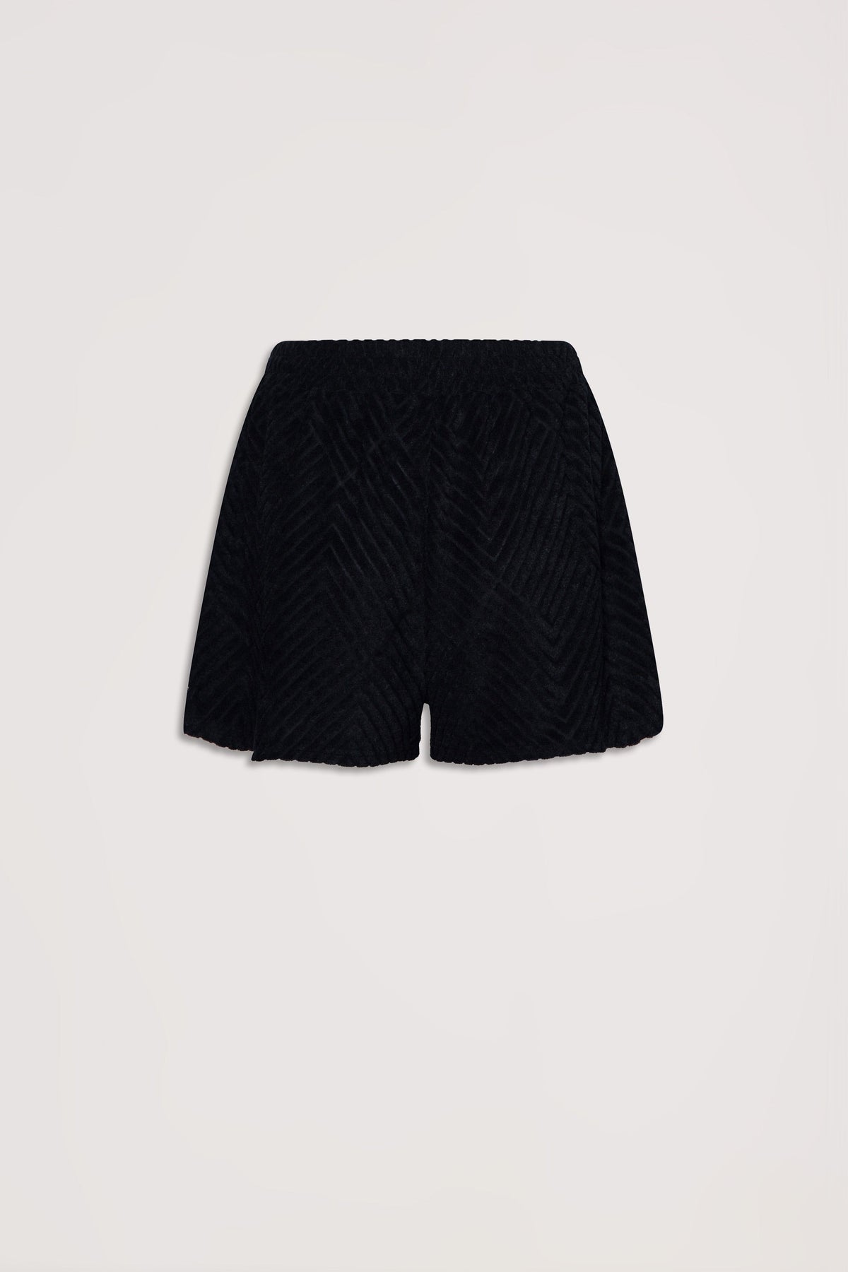 Black textured terry fabric shorts with an elastic waistband for a comfortable, casual fit.