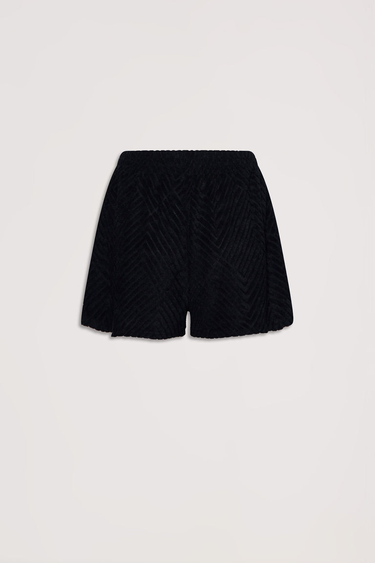Black textured terry fabric shorts with an elastic waistband for a comfortable, casual fit.