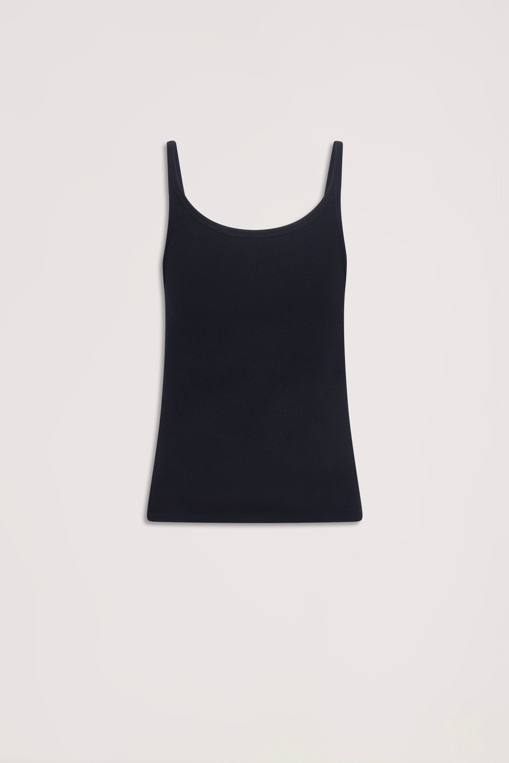 Black ribbed tank top with slim straps and a slim, versatile fit for everyday effortless style