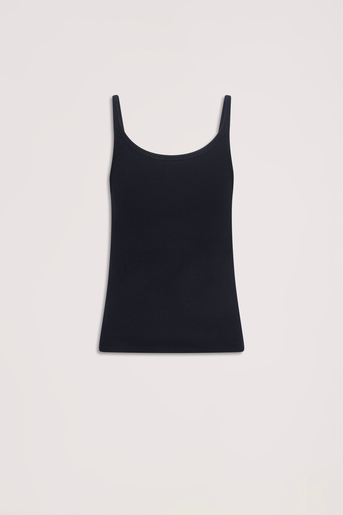 Black ribbed tank top with slim straps and a slim, versatile fit for everyday effortless style
