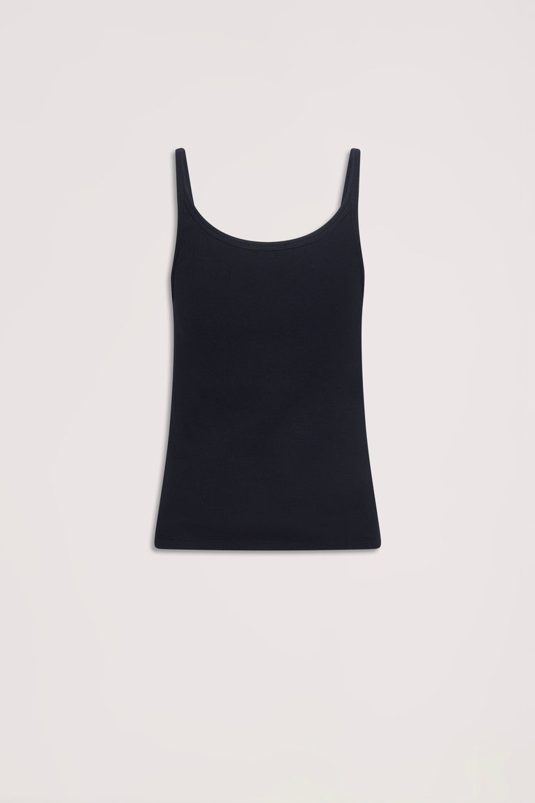 Black ribbed tank top with slim straps and a slim, versatile fit for everyday effortless style