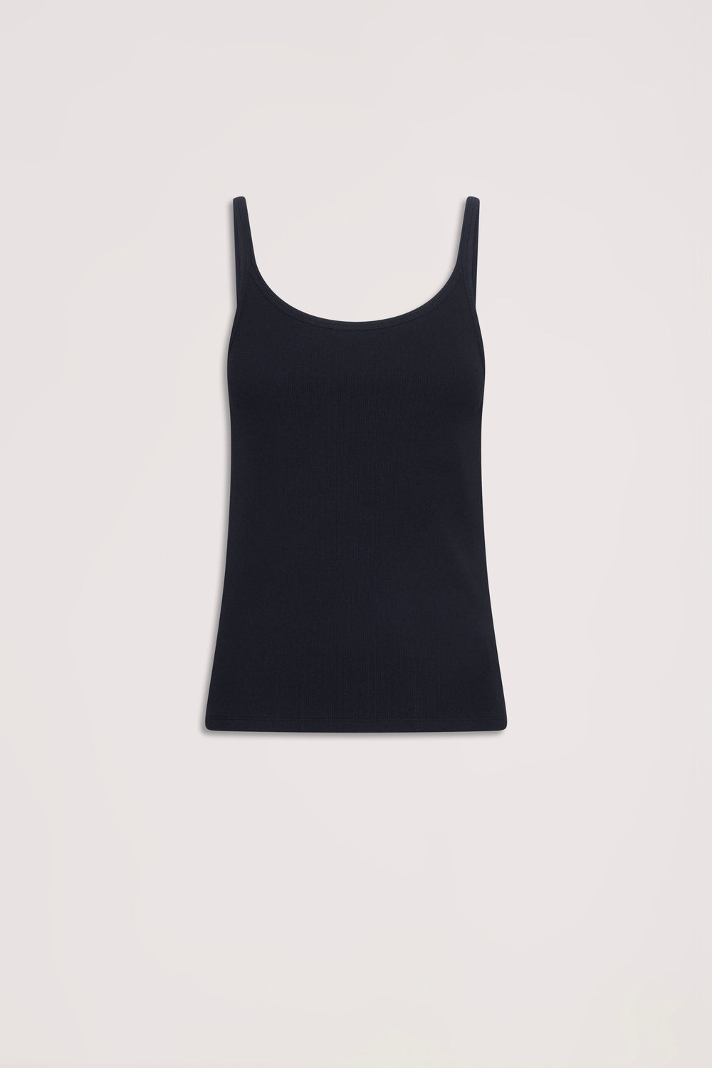 Black ribbed tank top with slim straps, designed for versatile everyday style and effortless layering.