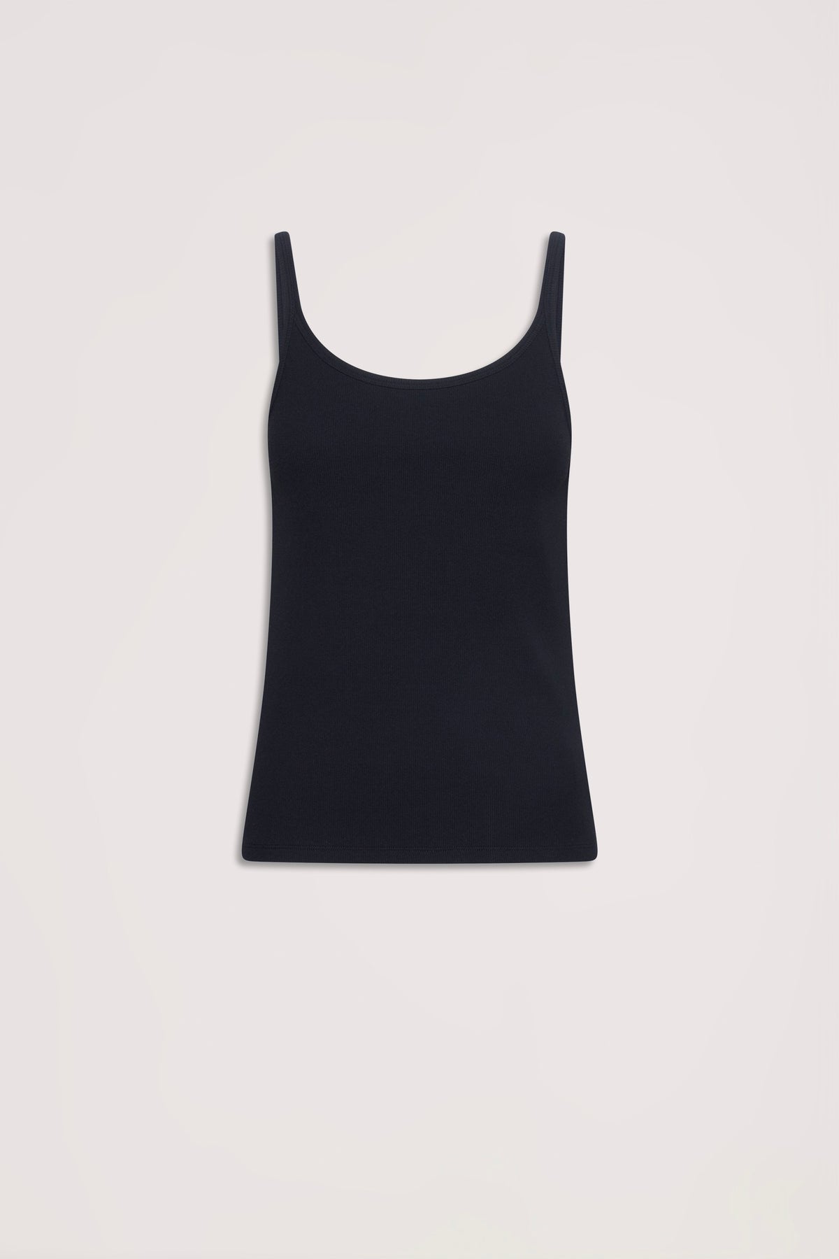 Black ribbed tank top with slim straps, designed for versatile everyday style and effortless layering.