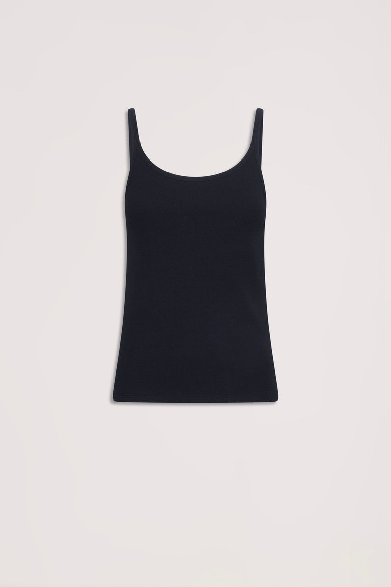 Black ribbed tank top with slim straps, designed for versatile everyday style and effortless layering.