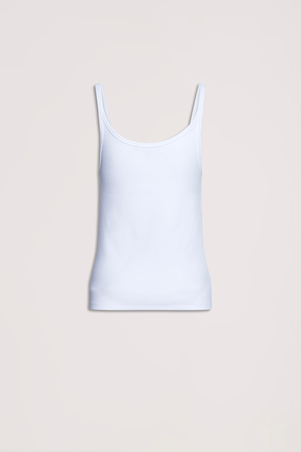Simple bright white ribbed tank top with thin straps, designed for effortless everyday layering and comfort.