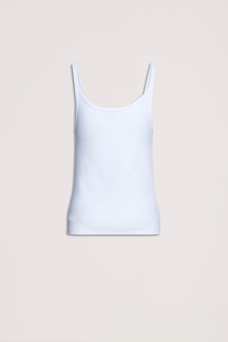 Simple bright white ribbed tank top with thin straps, designed for effortless everyday layering and comfort.