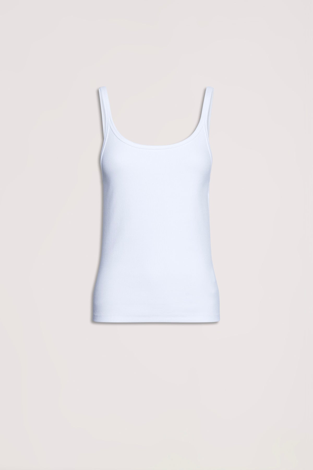 White ribbed tank top with a slim fit and scoop neckline, designed for everyday versatile style.