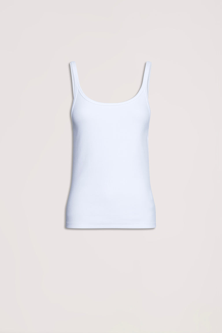 White ribbed tank top with a slim fit and scoop neckline, designed for everyday versatile style.
