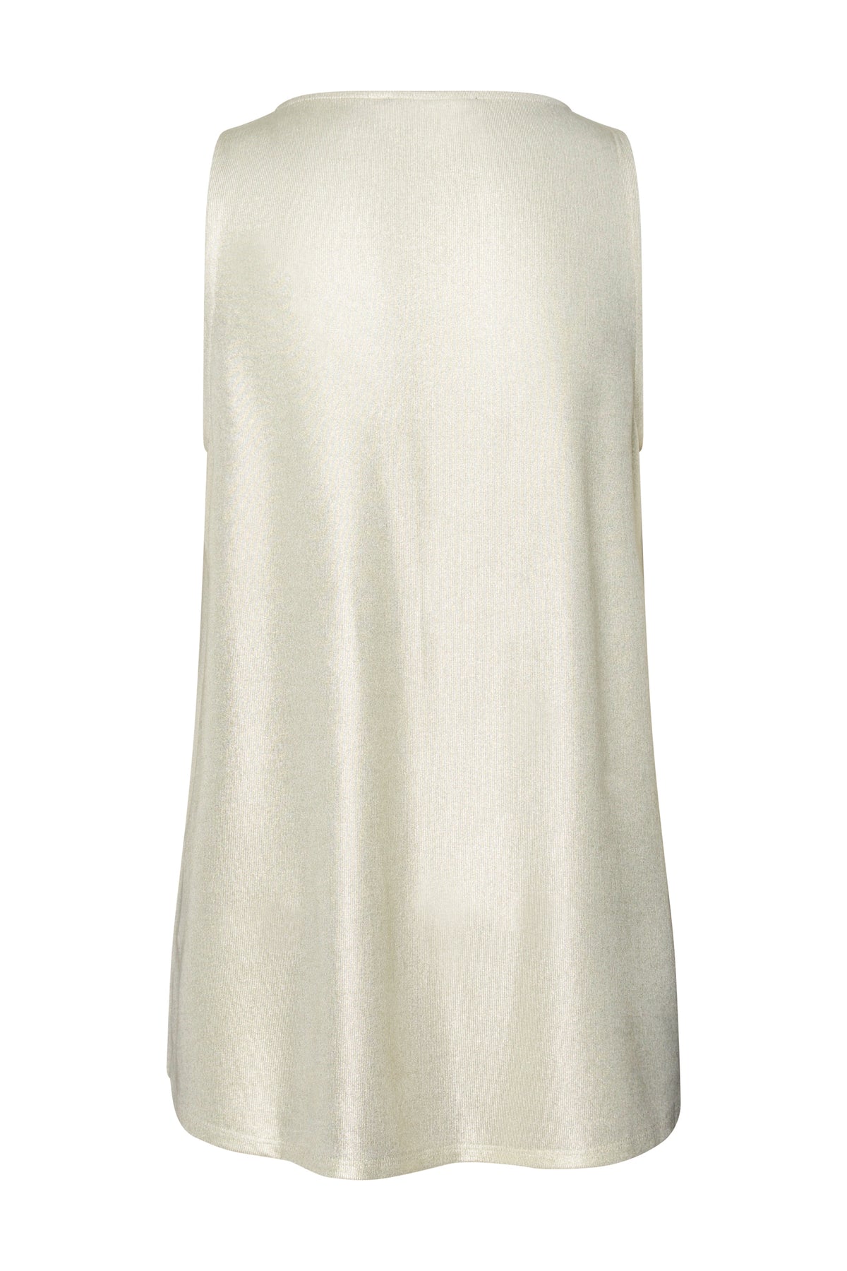 Cream metallic sleeveless tank top with a scoop neckline and curved high low hem