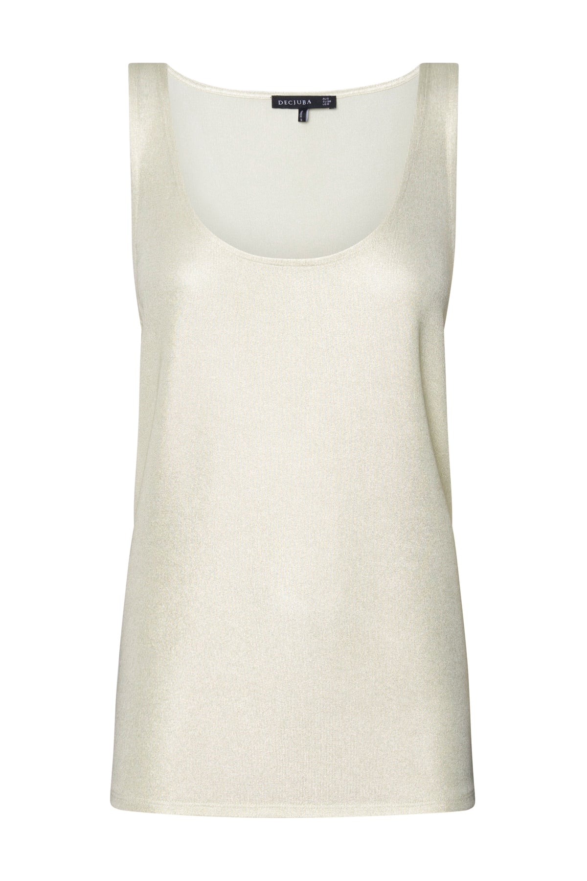 Cream metallic sleeveless tank top with scoop neckline and curved hem