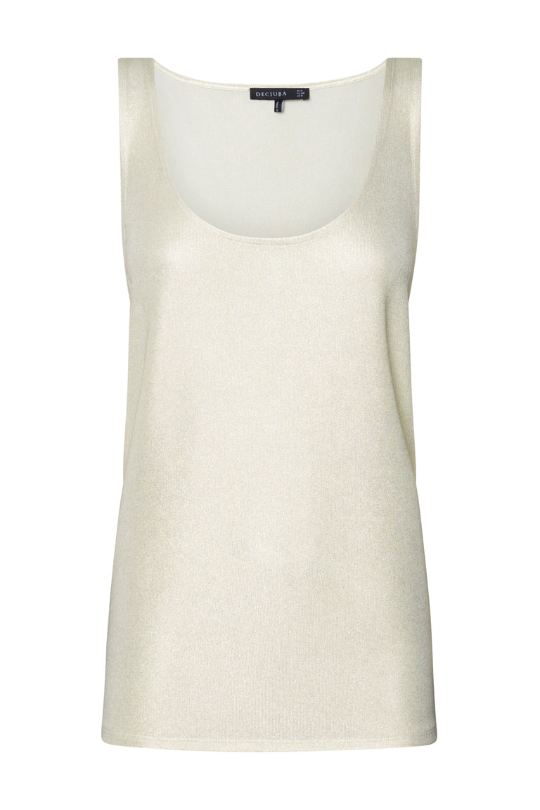 Cream metallic sleeveless tank top with scoop neckline and curved hem
