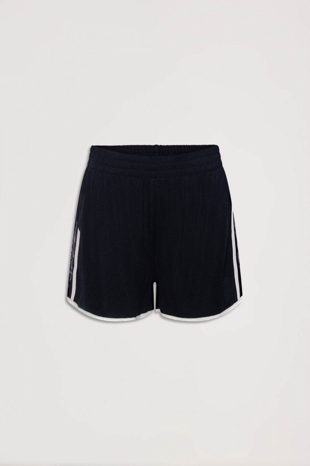 Black square knit shorts with elastic waistband and side panels, designed for effortless everyday style