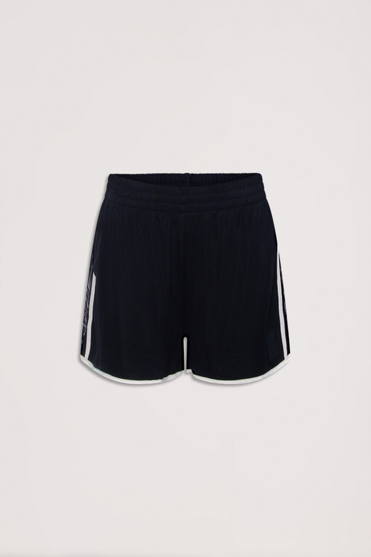 Black square knit shorts with elastic waistband and side panels, designed for effortless everyday style