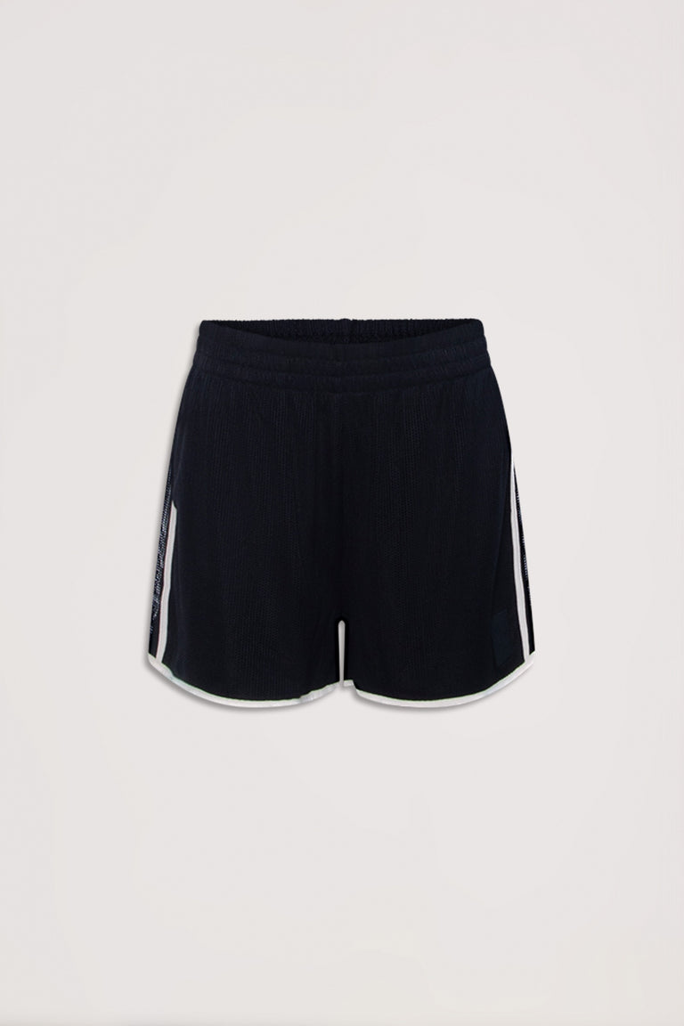 Black square knit shorts with elastic waistband and side panels, designed for effortless everyday style