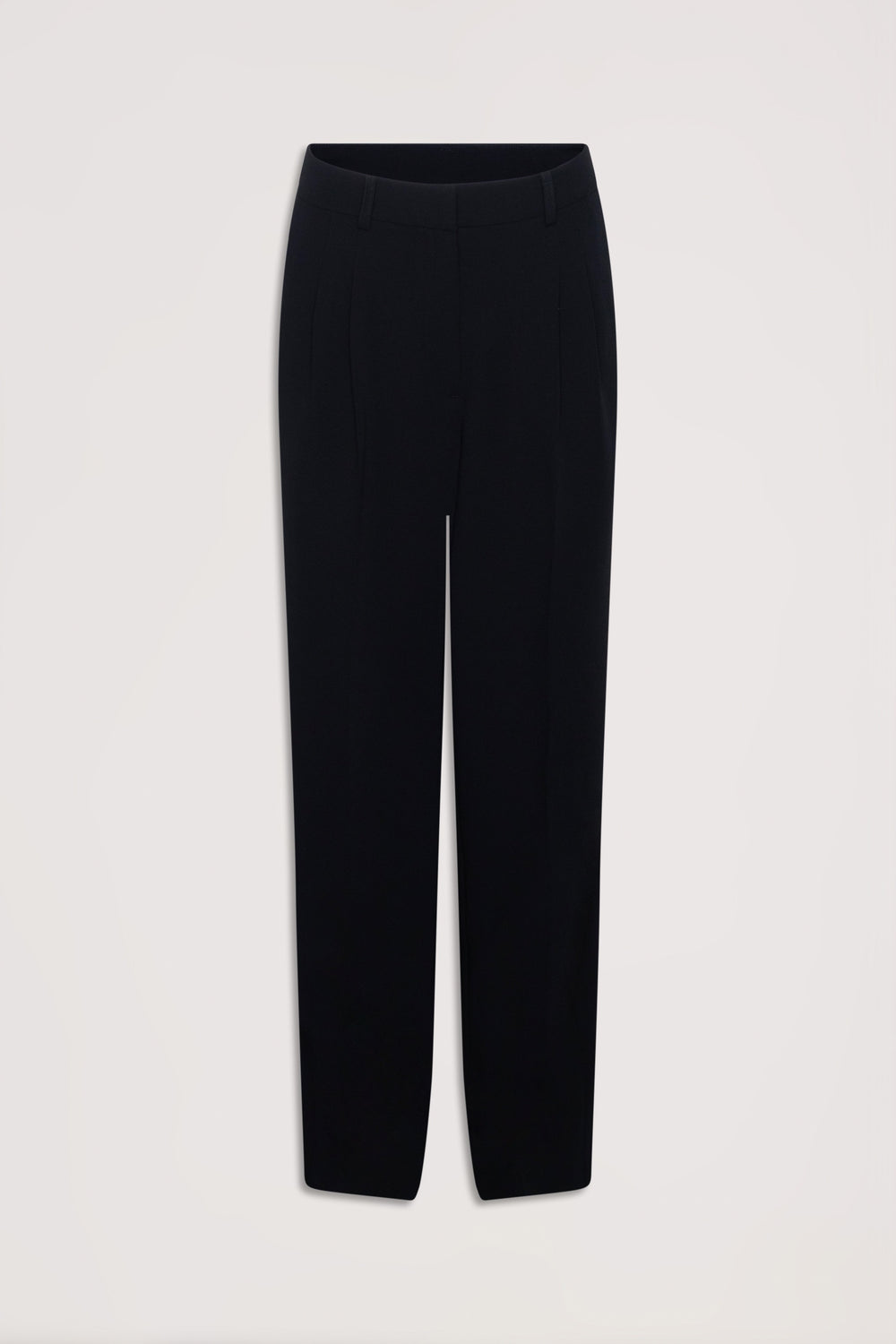 Straight-leg black tailored pants with belt loops and pressed front creases for a polished look