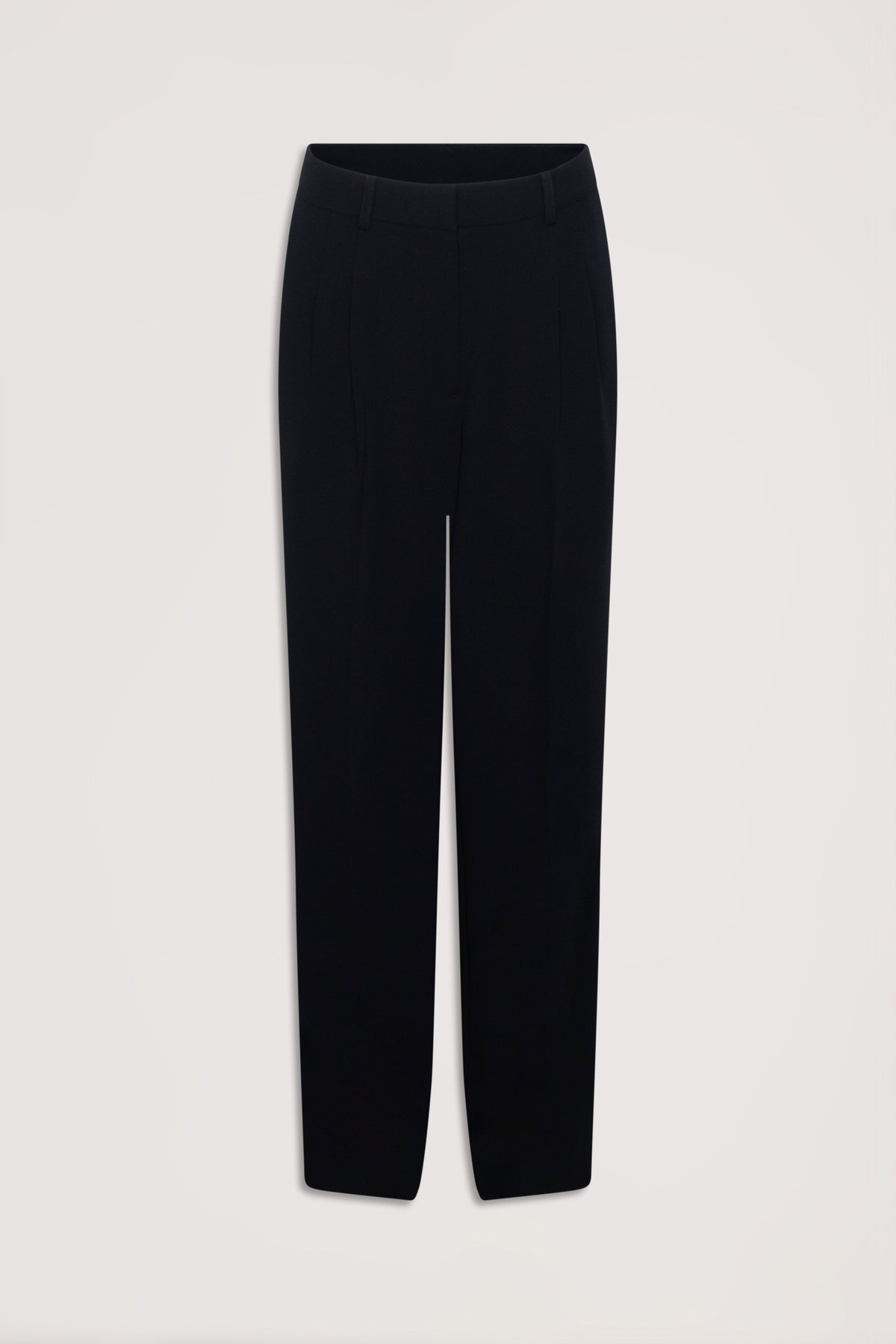 Straight-leg black tailored pants with belt loops and pressed front creases for a polished look