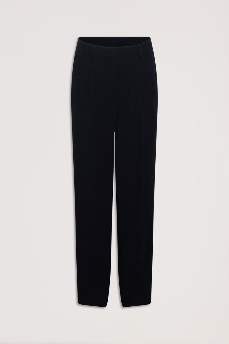 Straight-leg black tailored pants with belt loops and pressed front creases for a polished look