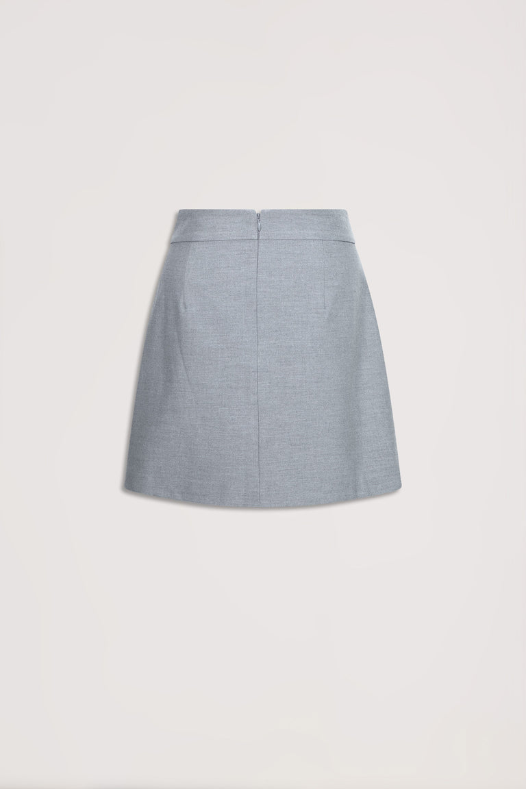 Light grey asymmetric mini skirt with subtle texture, featuring a high waist and back zipper closure, laid flat.