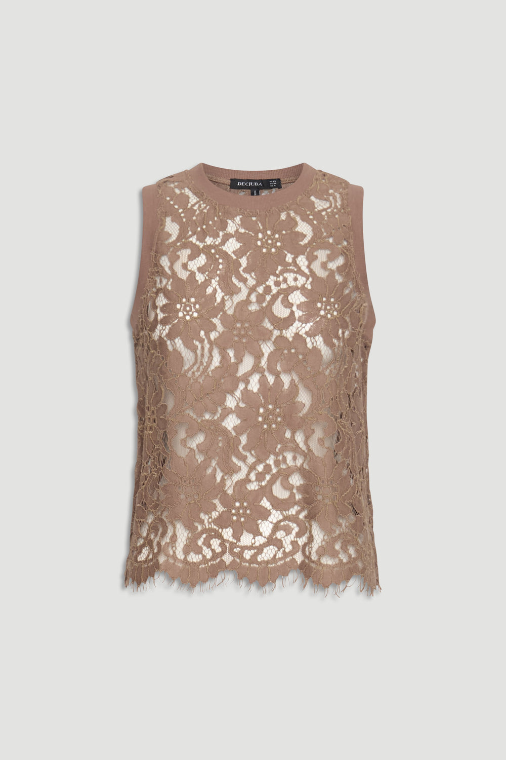 Sleeveless lace tank top in a soft cappuccino shade with floral patterns and ribbed trim detailing.