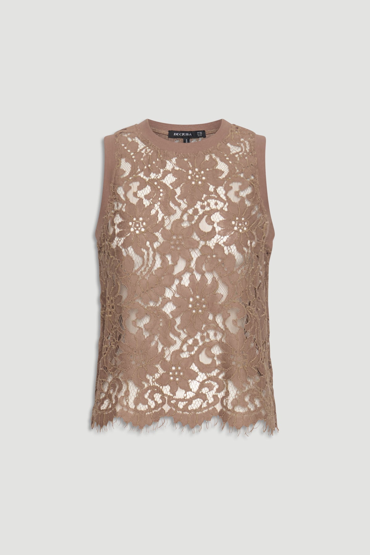 Sleeveless lace tank top in a soft cappuccino shade with floral patterns and ribbed trim detailing.