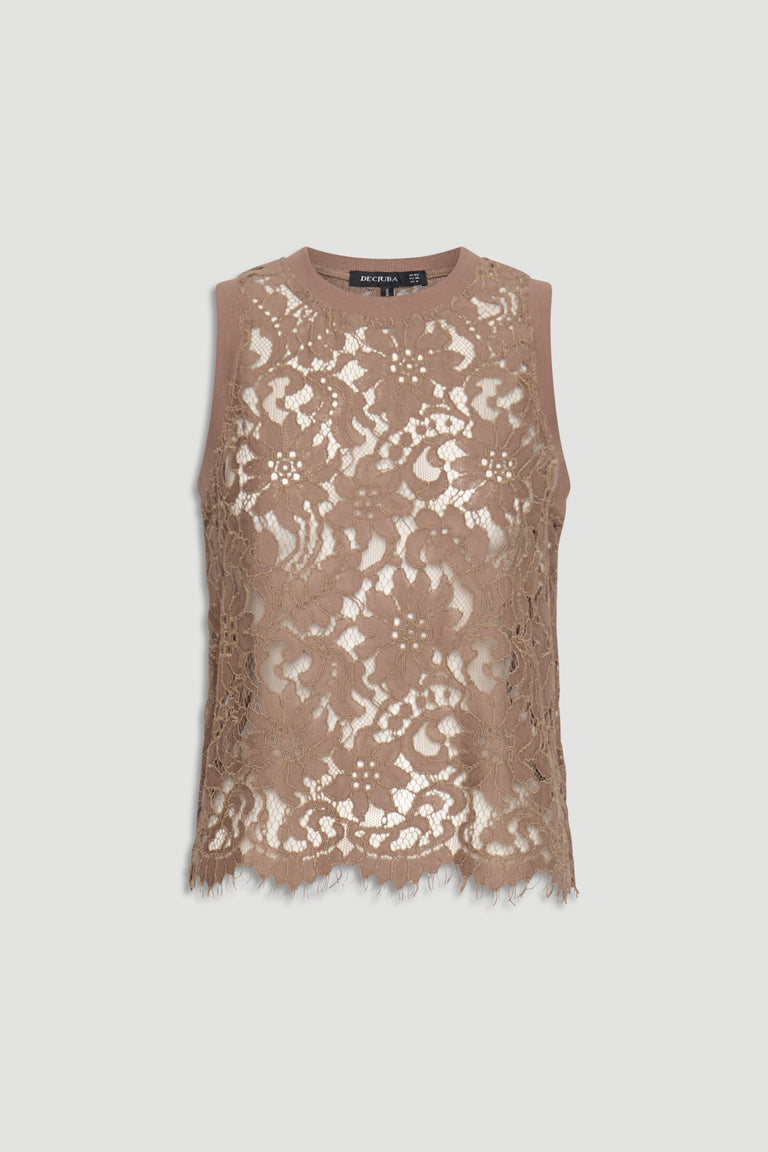 Sleeveless lace tank top in a soft cappuccino shade with floral patterns and ribbed trim detailing.