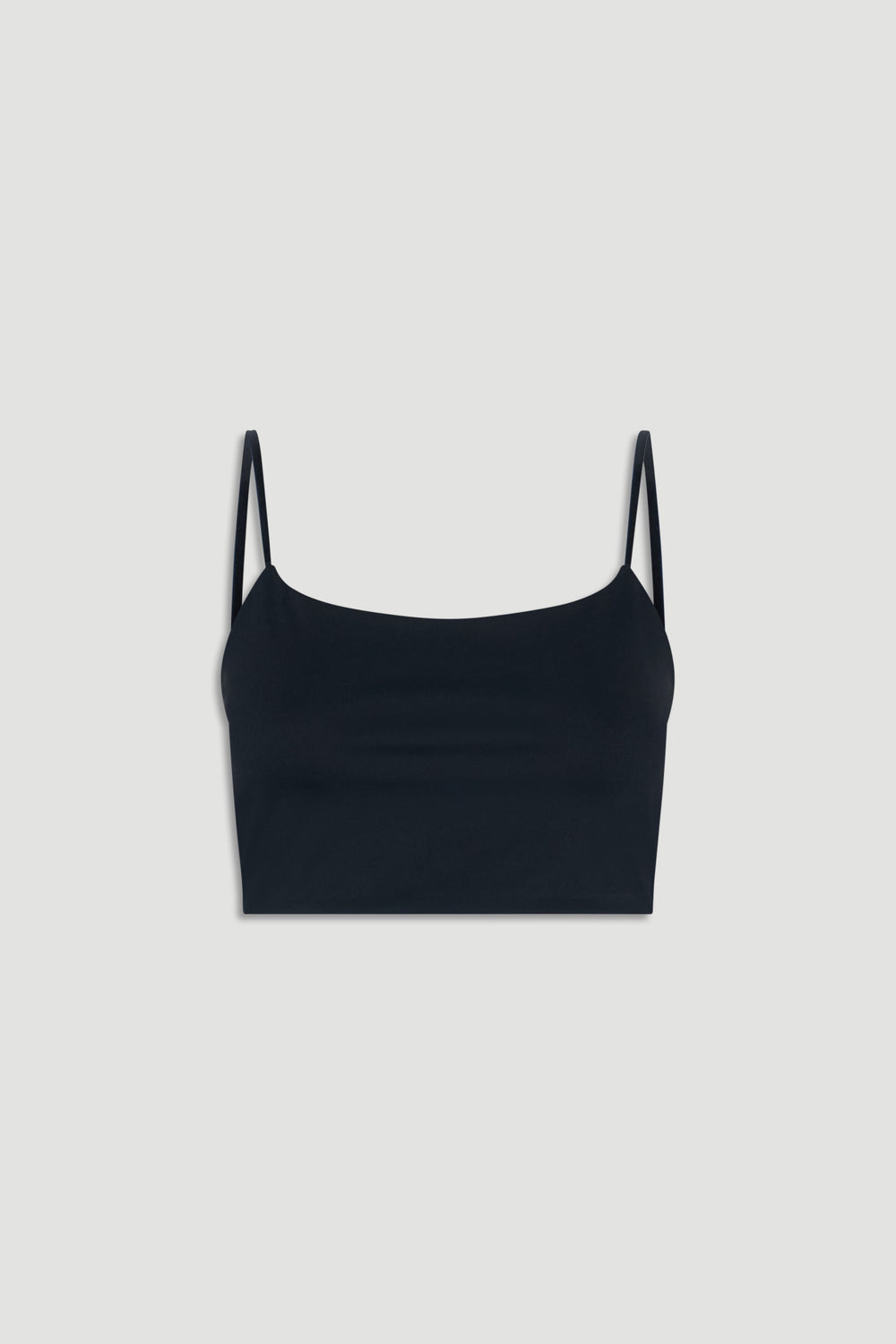 Black fitted crop top with square neckline and thin adjustable straps