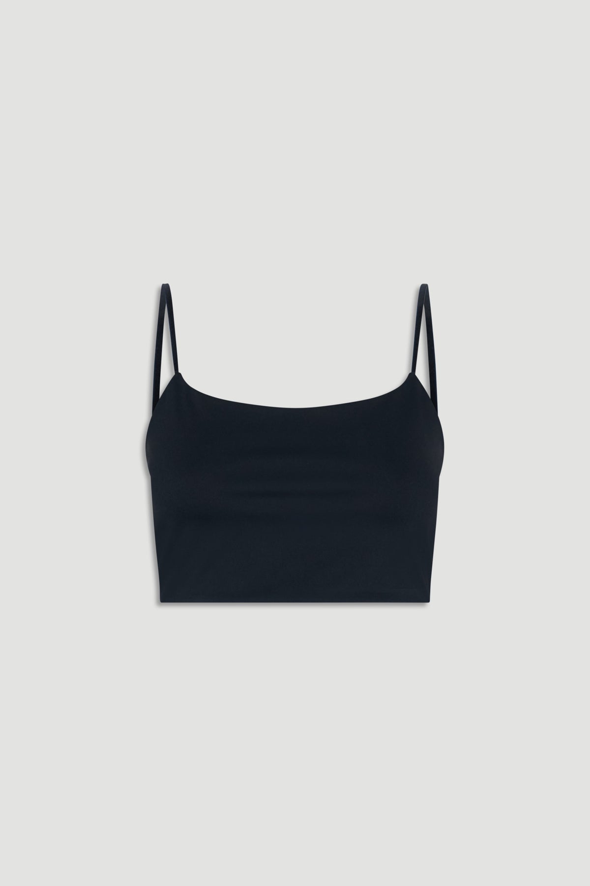 Black fitted crop top with square neckline and thin adjustable straps