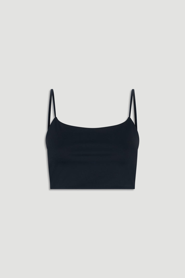 Black fitted crop top with square neckline and thin adjustable straps