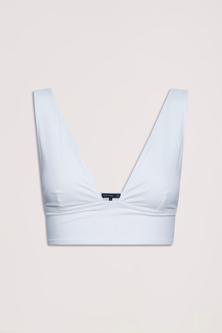 Ivory bralette with wide straps and deep V neckline, featuring a stretchy and neat fit for everyday wear.