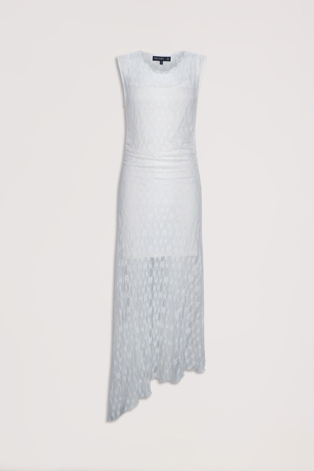 White lace dress with sleeveless design and asymmetric hem, featuring delicate floral pattern throughout the fabric.