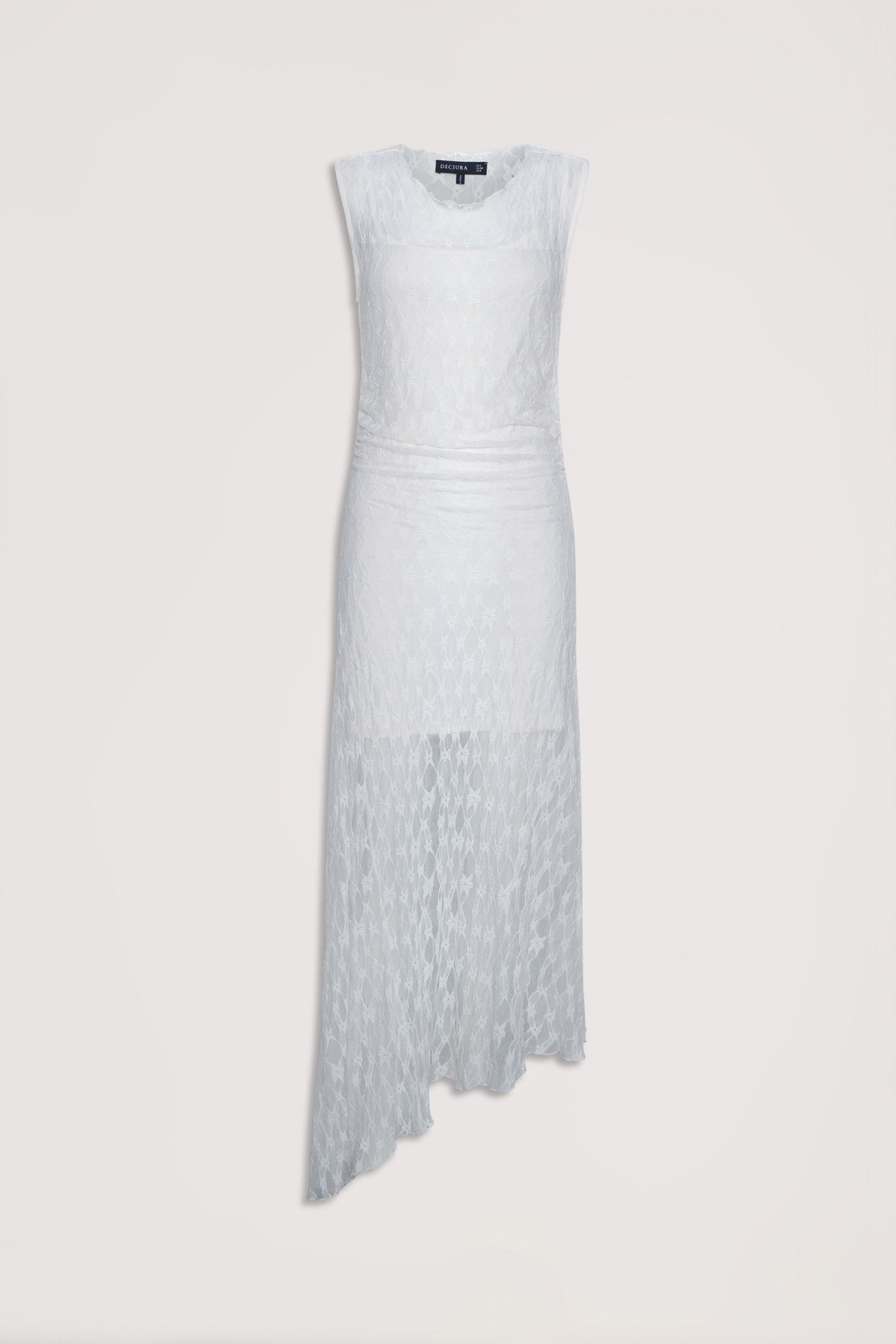 White lace dress with sleeveless design and asymmetric hem, featuring delicate floral pattern throughout the fabric.