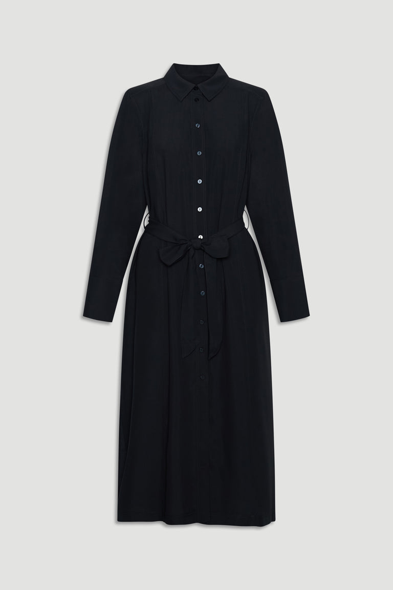 Black collared maxi dress with long sleeves, button front, adjustable waist ties and extended cuffs