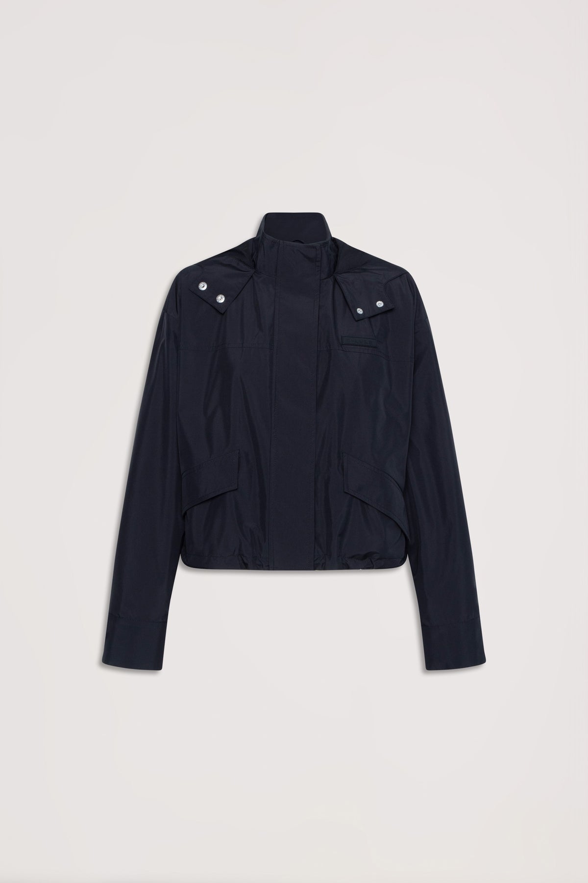 D-Luxe Cropped Spray Jacket in black, front view with snap details and concealed zipper, gallery position 4 portrait.
