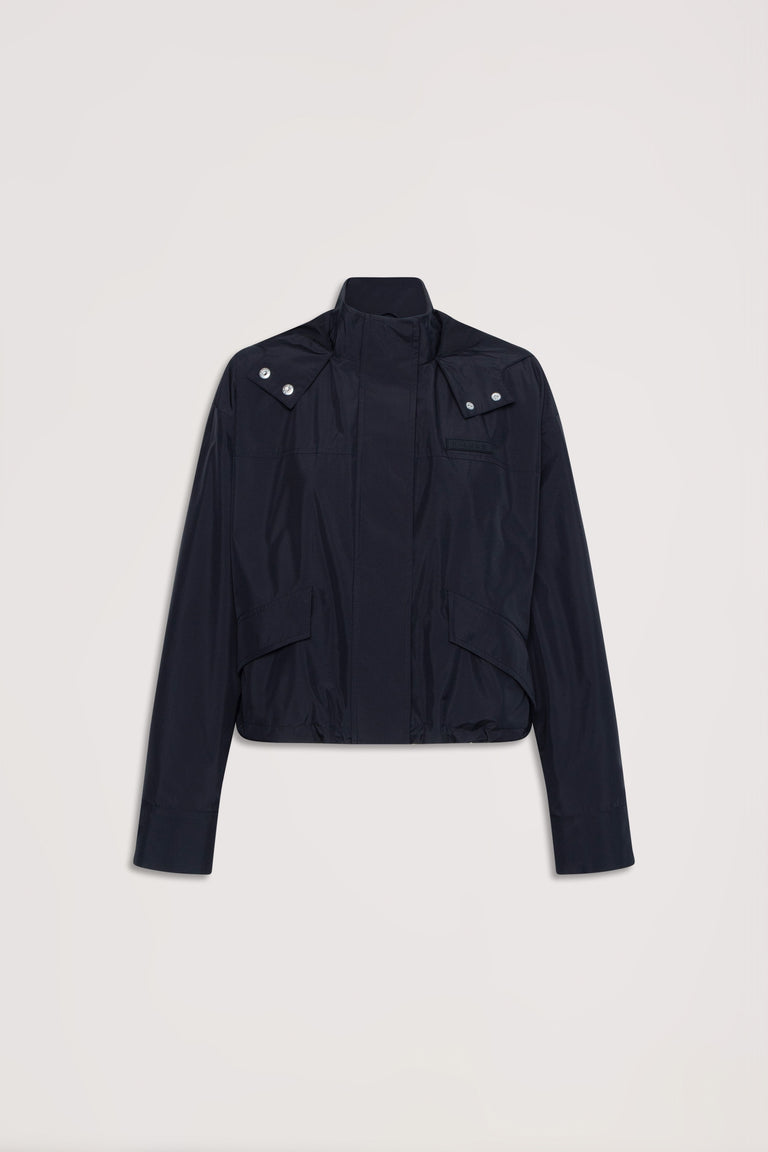 D-Luxe Cropped Spray Jacket in black, front view with snap details and concealed zipper, gallery position 4 portrait.