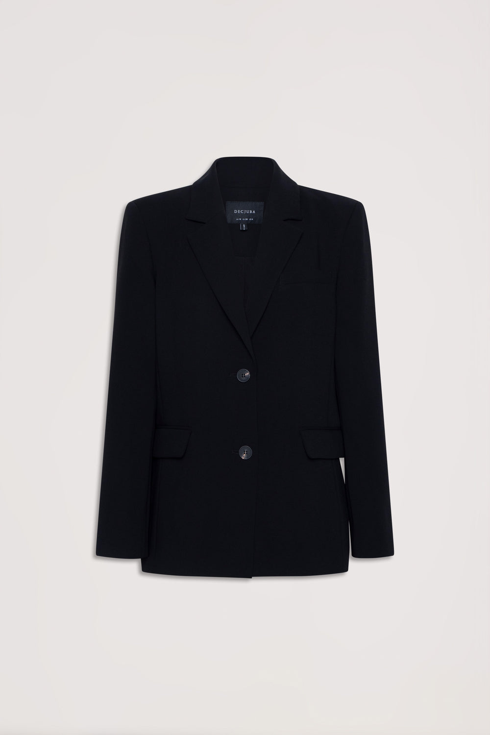 Classic black tailored blazer with structured lapels, two-button closure, and flap pockets for a polished look