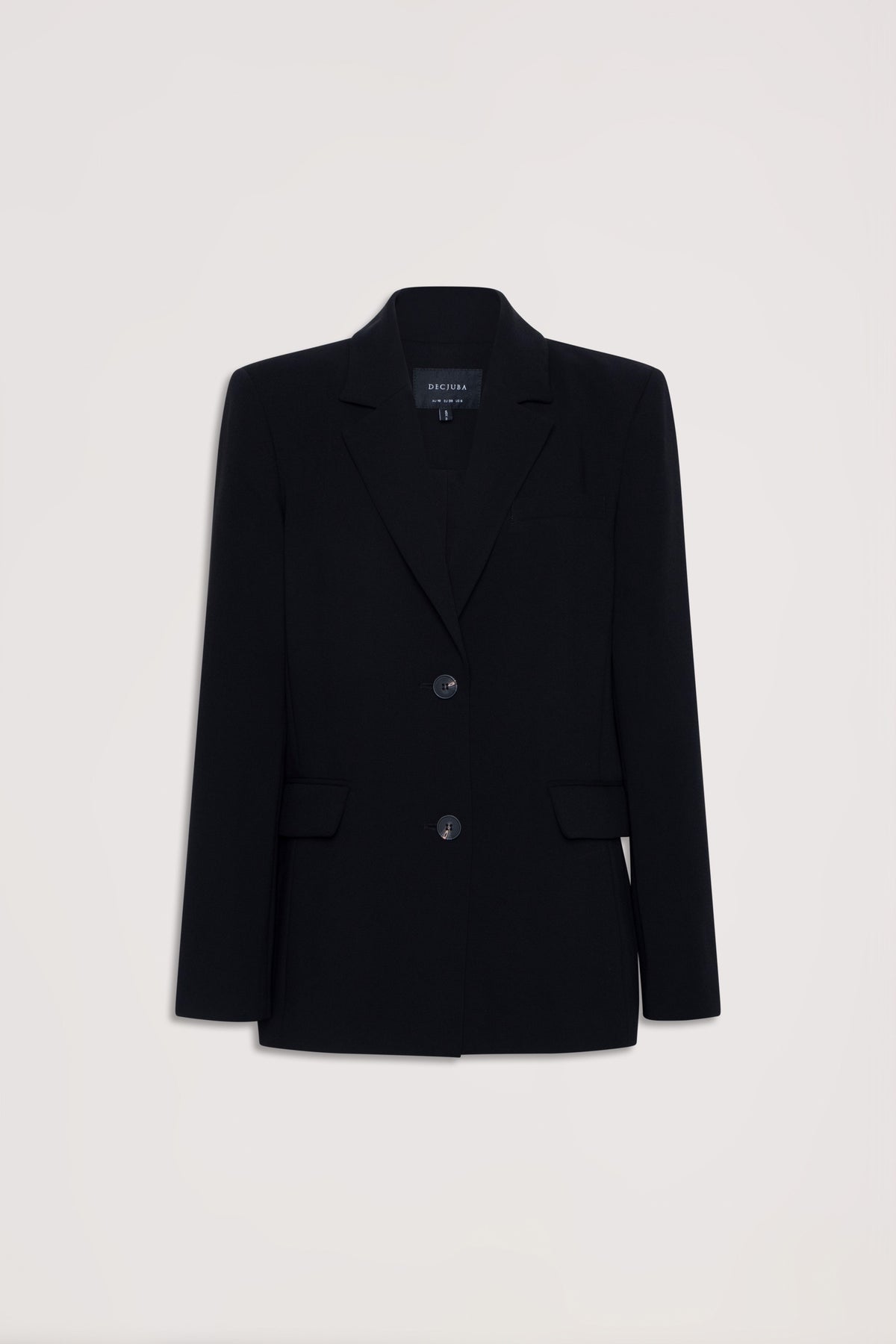 Classic black tailored blazer with structured lapels, two-button closure, and flap pockets for a polished look