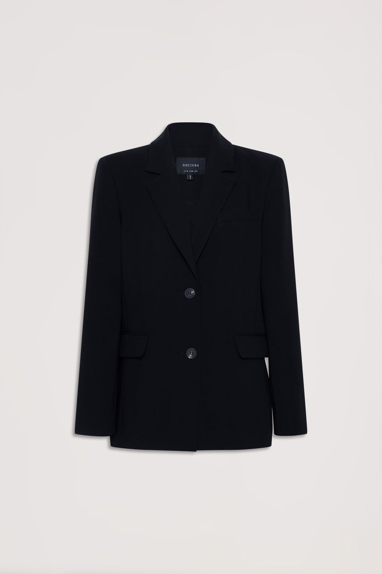 Classic black tailored blazer with structured lapels, two-button closure, and flap pockets for a polished look