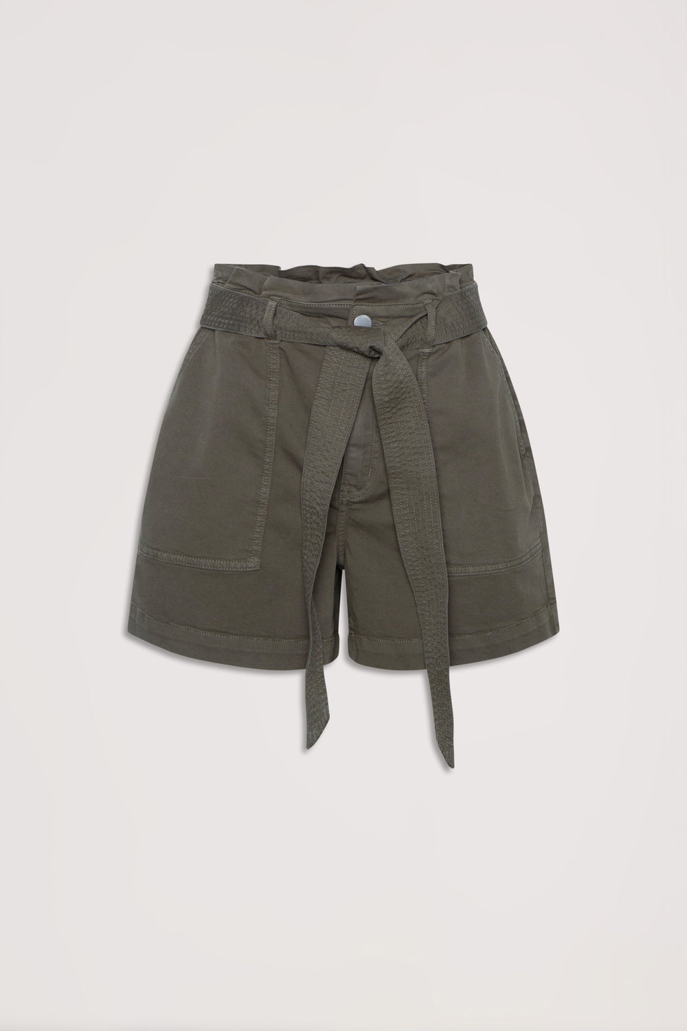 Olive high rise cargo shorts with an elasticated waistband, waist tie and functional patch pockets
