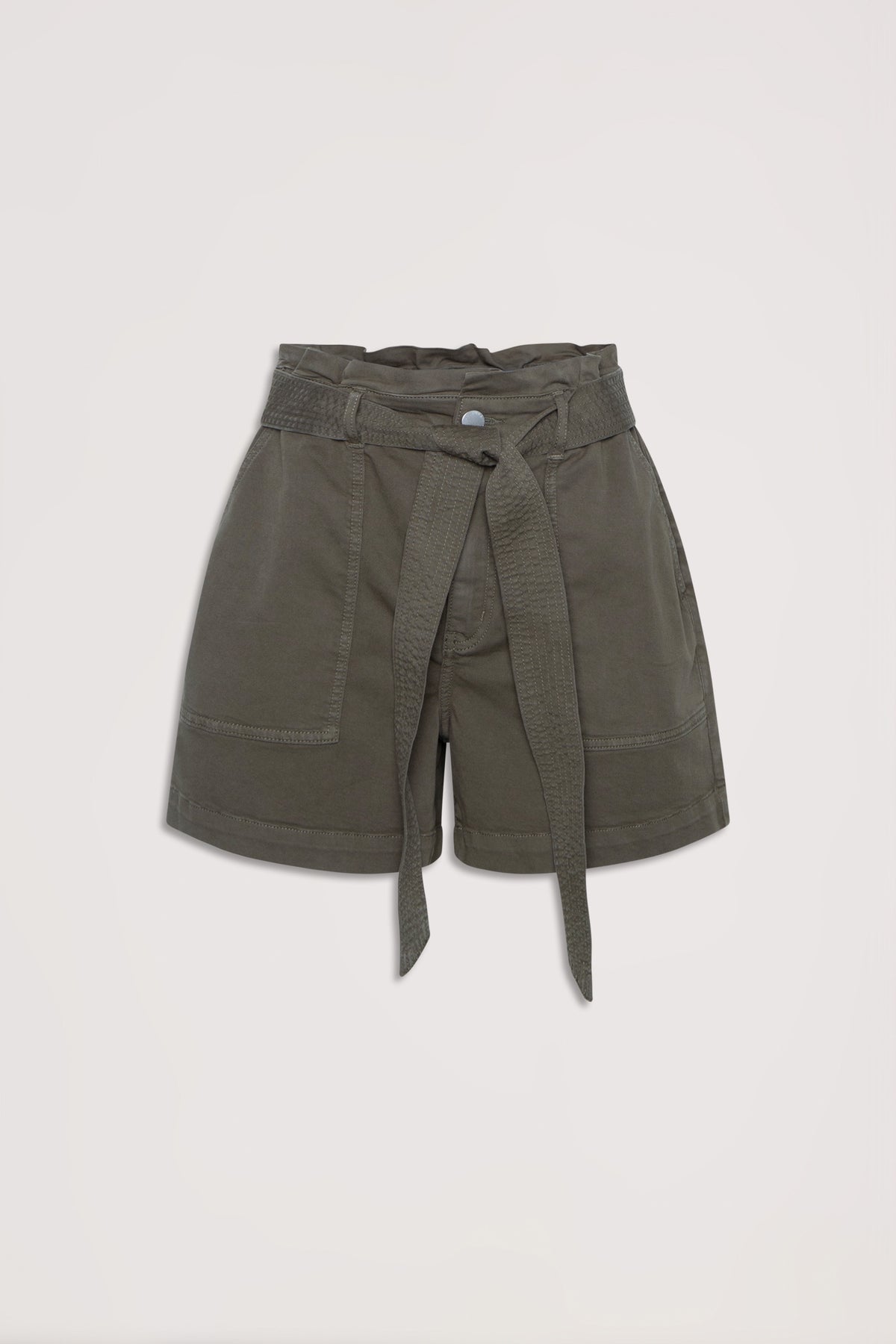 Olive high rise cargo shorts with an elasticated waistband, waist tie and functional patch pockets