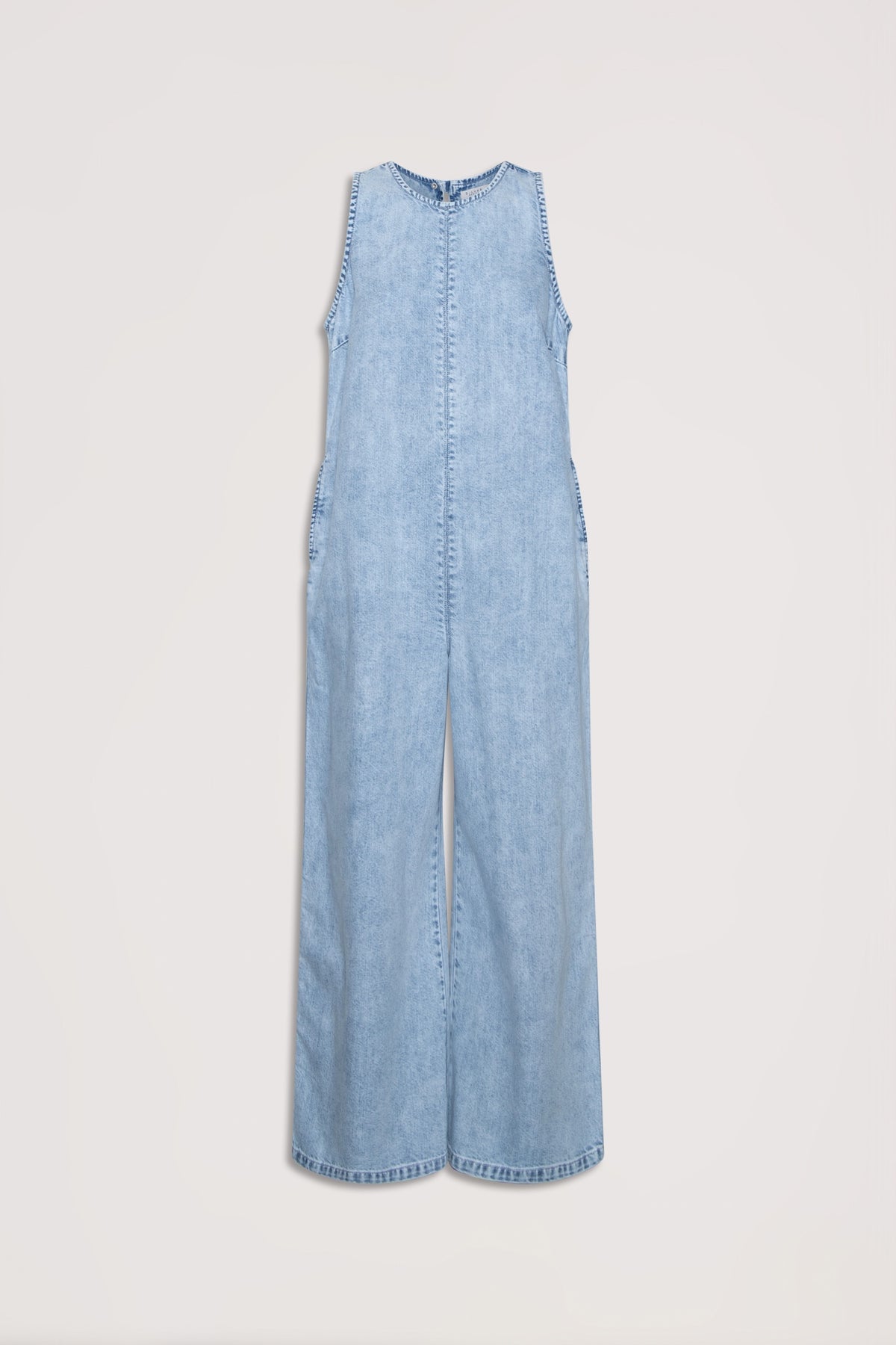 D-Luxe Palazzo Denim Jumpsuit in light denim with sleeveless round neck and straight leg, gallery position 4 portrait view