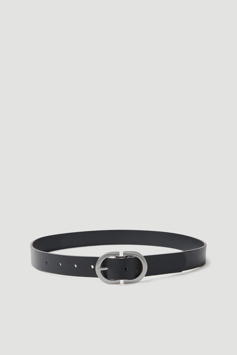 D Buckle Belt in black polyurethane featuring a distinctive rounded silver buckle by Decjuba Australian fashion brand