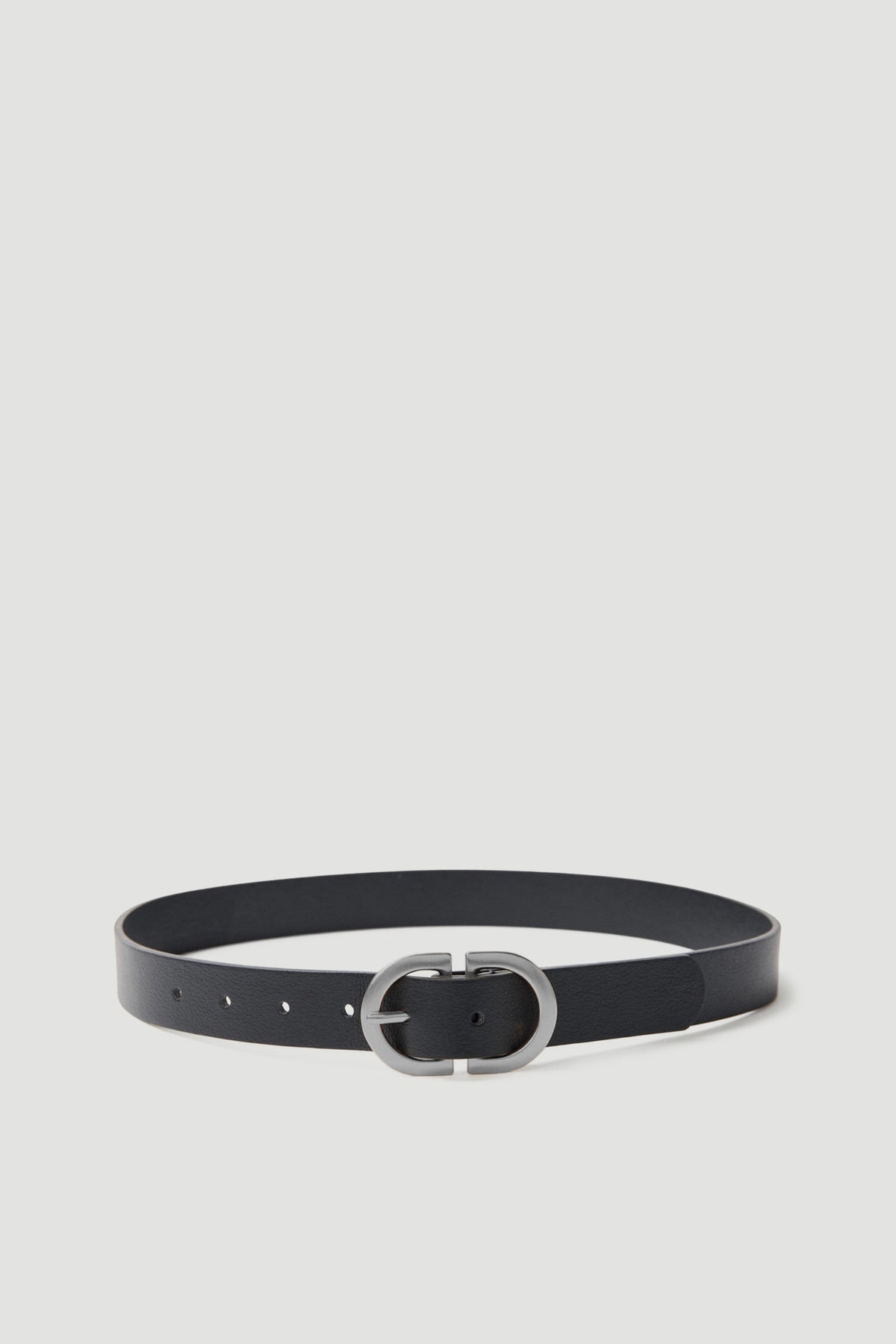 D Buckle Belt in black polyurethane featuring a distinctive rounded silver buckle by Decjuba Australian fashion brand