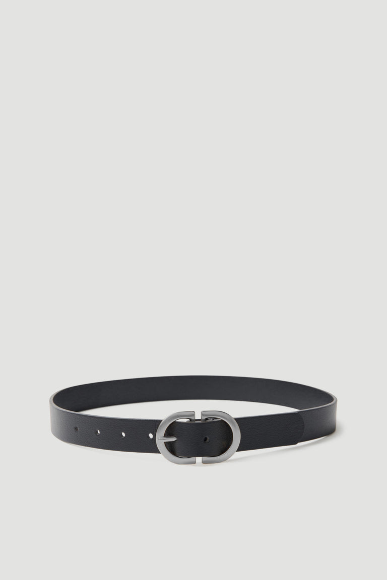 D Buckle Belt in black polyurethane featuring a distinctive rounded silver buckle by Decjuba Australian fashion brand