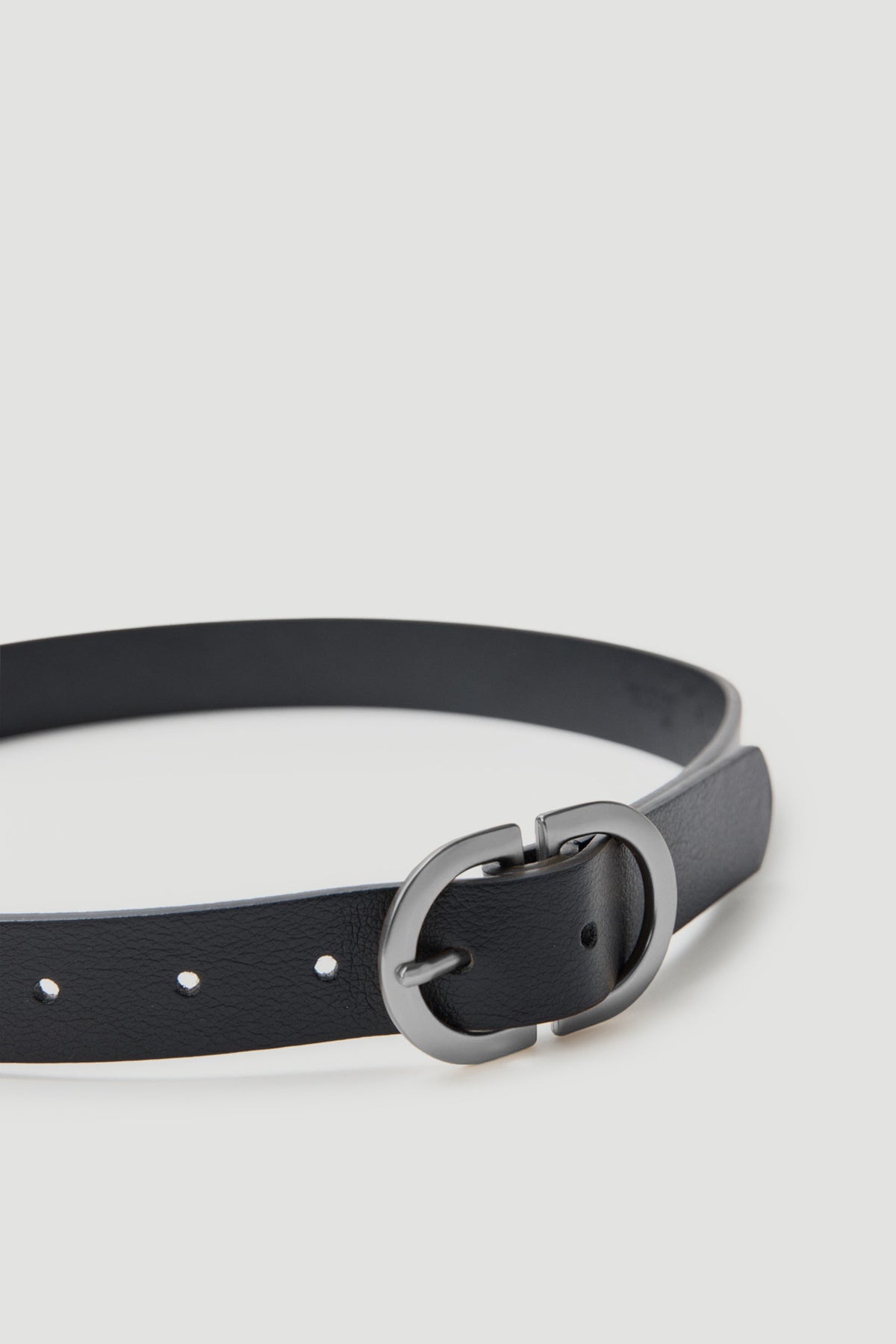 D Buckle Belt in black polyurethane with a sleek rounded buckle, designed by Decjuba Australian fashion brand.