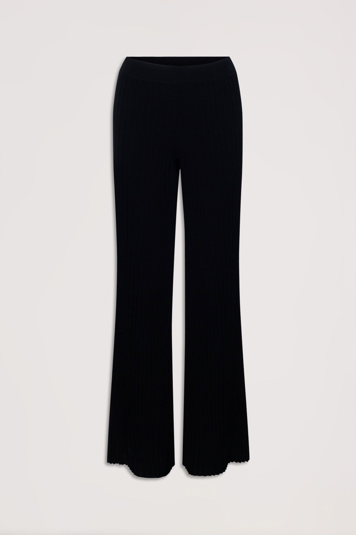Black ribbed knit pants with a flared silhouette and elastic waistband, laid flat against a neutral background