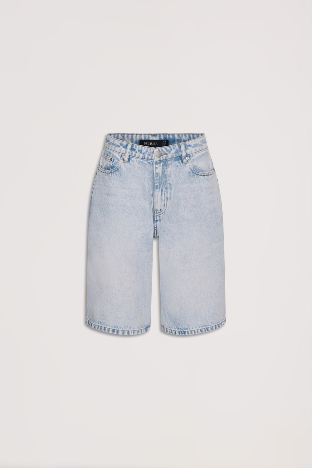 Light blue longline denim shorts with classic five-pocket styling and belt loops for casual, versatile wear.